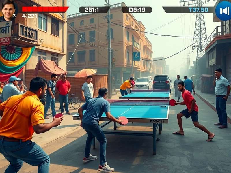 Paddle Warrior Prime Gameplay Screenshot showing competitive table tennis matches in a vibrant Delhi street setting with Indian spectators and regional playing styles